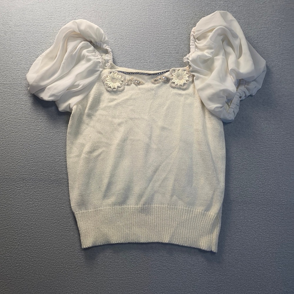 Ivory Puff Sleeve‎ Sweater Womens Small Pearl Rhinestone Embellished Ann WT